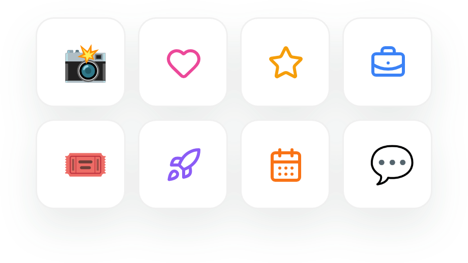 A selection of eight colorful form icons and emoji, including a camera, heart and calendar.
