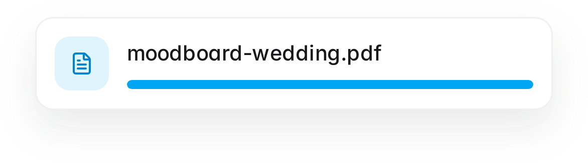 A wedding mood board PDF with a completed upload progress bar.